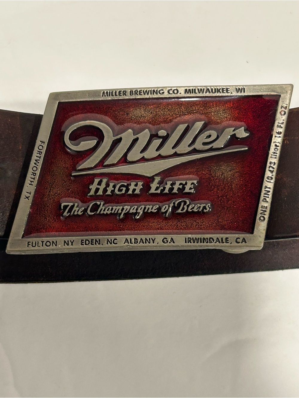 Vintage Miller High Life Enamel Belt Buckle & Genuine Leather Belt Combo 2148
